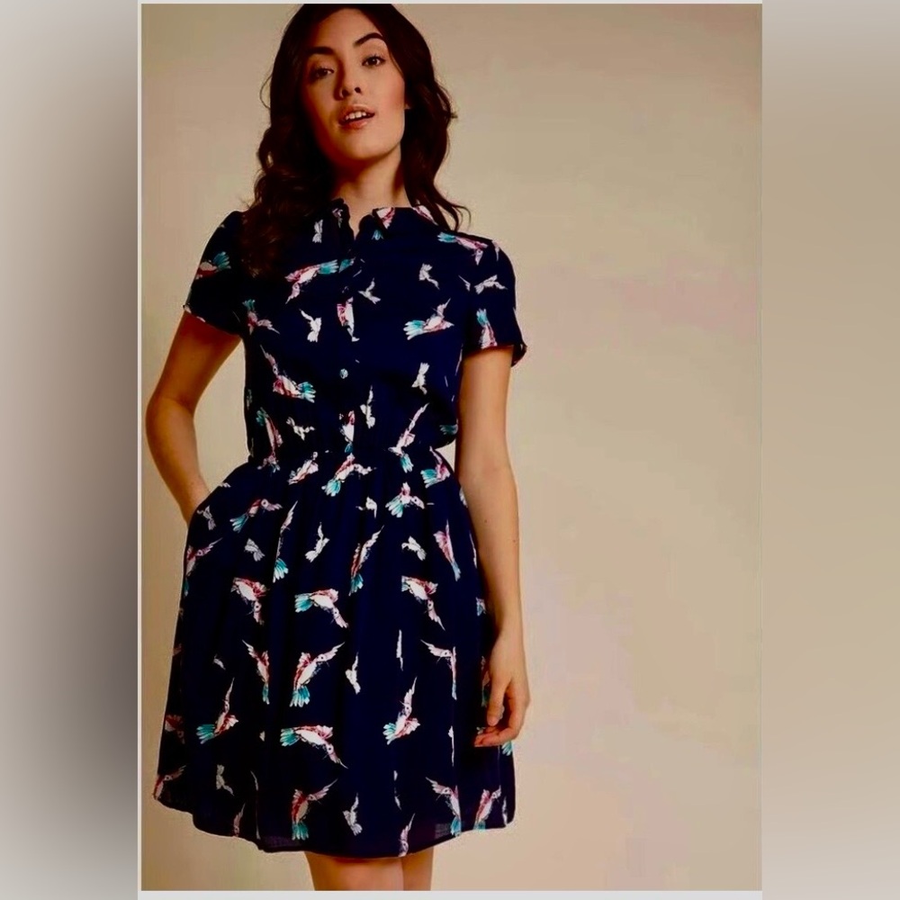 Modcloth Navy Bird-Print Shirtwaist Midi Dress - Picture 1 of 5